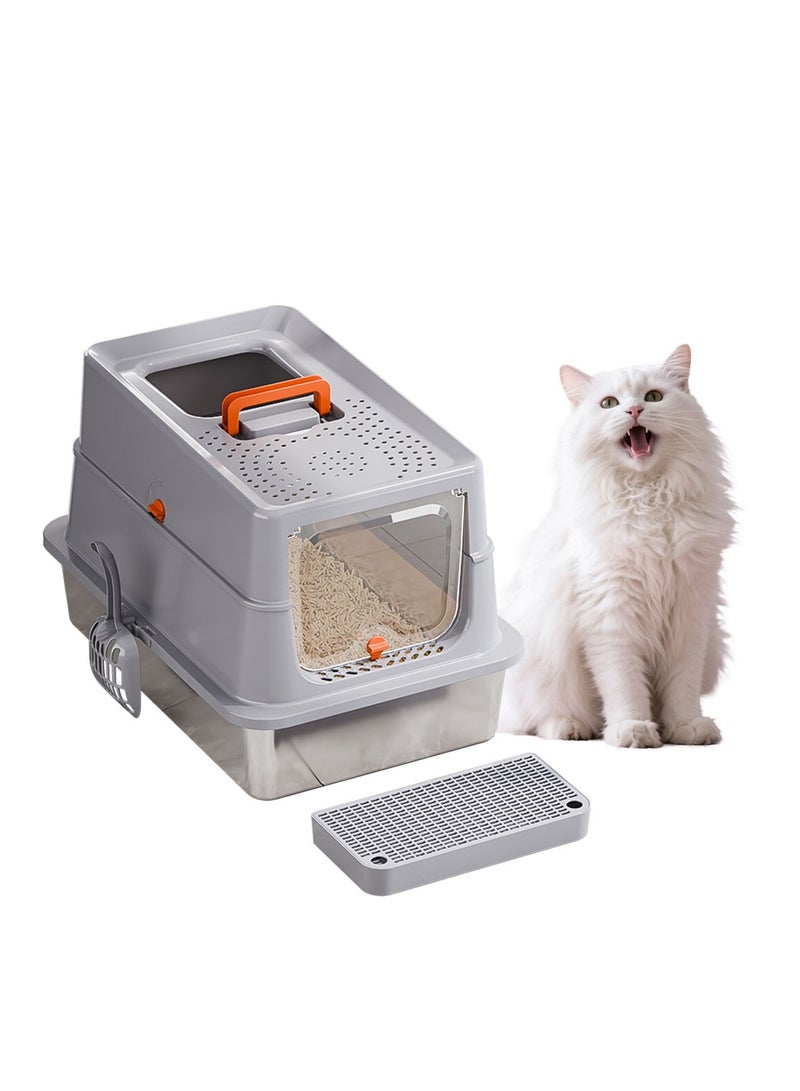 كيدل صندوق القمامة القط المحمول من الفولاذ المقاوم للصدأ مغلق صناديق القمامة القط مع غطاء الجوانب العالية غير اللاصقة ومكافحة التسرب - Image 1