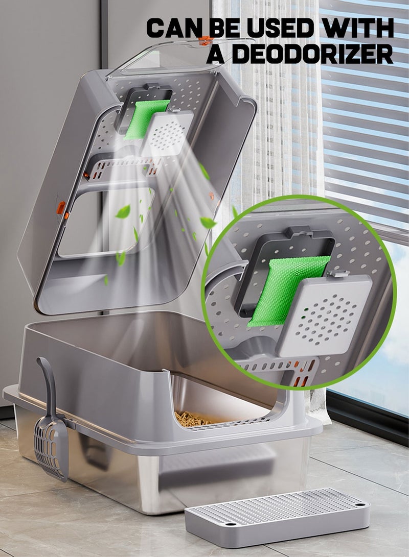 كيدل صندوق القمامة القط المحمول من الفولاذ المقاوم للصدأ مغلق صناديق القمامة القط مع غطاء الجوانب العالية غير اللاصقة ومكافحة التسرب - Image 4