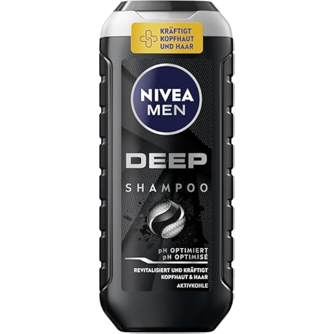 NIVEA MEN DEEP SHAMPOO AGAINST OILY HAIR WITH ACTIVATED CARBON, REVITALISING MEN'S SHAMPOO FOR A LONG-LASTING FRESH FEELING, HAIR SHAMPOO FOR DEEP CLEANSING (250 ML)