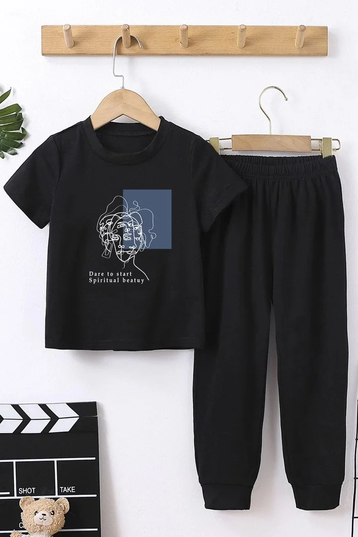 ONLYTRENDWEAR Child Minimal Line Drawing Bottom - Top Tracksuit Set 3-4 Years Old Black