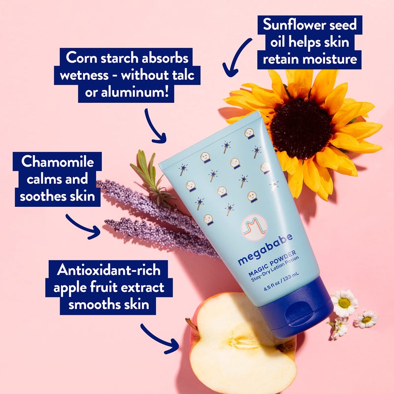 Megababe لوسيون ميغابيبي لامتصاص العرق - مسحوق سحري لوسيون يبقى جافًا إلى مسحوق | خالي من الألمنيوم، خالي من التلك | 4.5 أونصة سائلة - Image 3