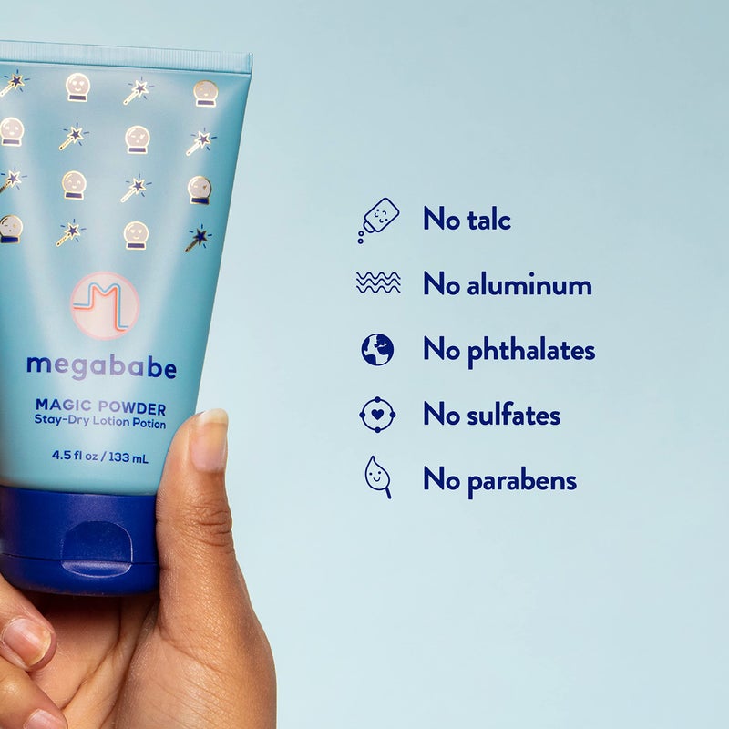 Megababe لوسيون ميغابيبي لامتصاص العرق - مسحوق سحري لوسيون يبقى جافًا إلى مسحوق | خالي من الألمنيوم، خالي من التلك | 4.5 أونصة سائلة - Image 5