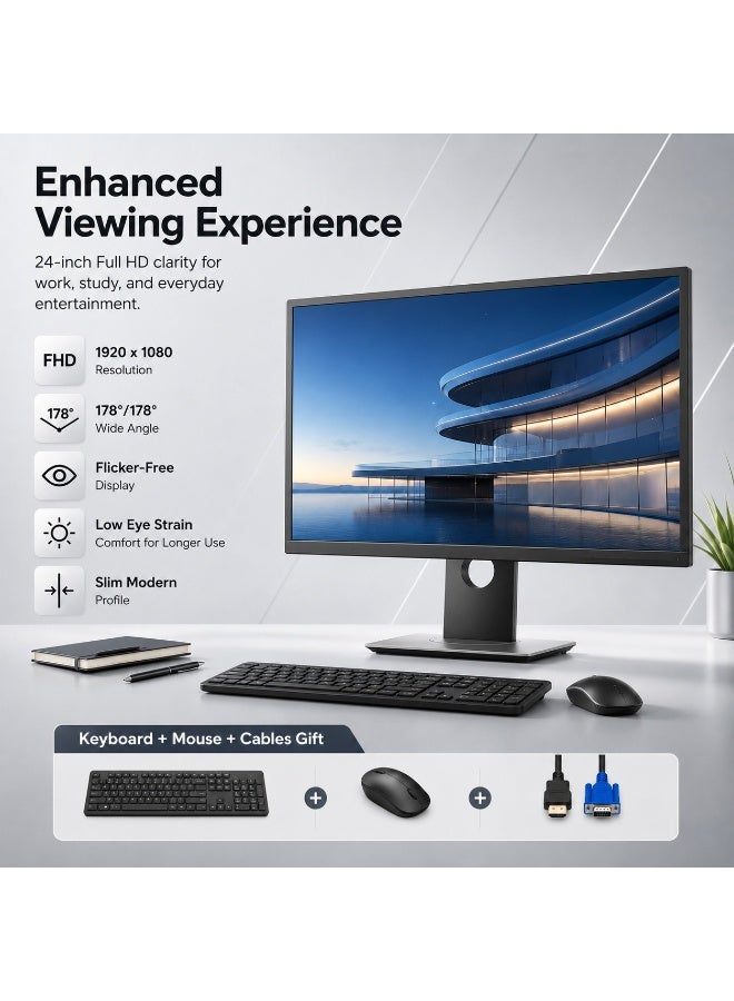 24-Inch Full HD Slim Monitor Bundle with Keyboard, Mouse and HDMI & VGA Cables, 1920 × 1080 Display, 178° Viewing Angle - Image 5