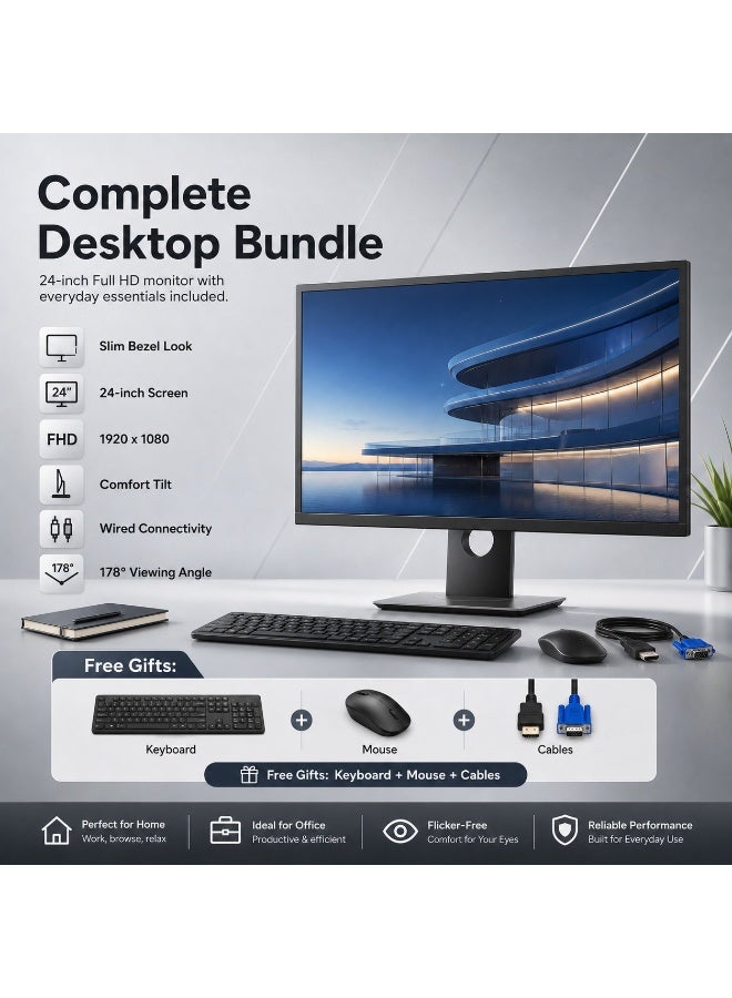 24-Inch Full HD Slim Monitor Bundle with Keyboard, Mouse and HDMI & VGA Cables, 1920 × 1080 Display, 178° Viewing Angle - Image 2