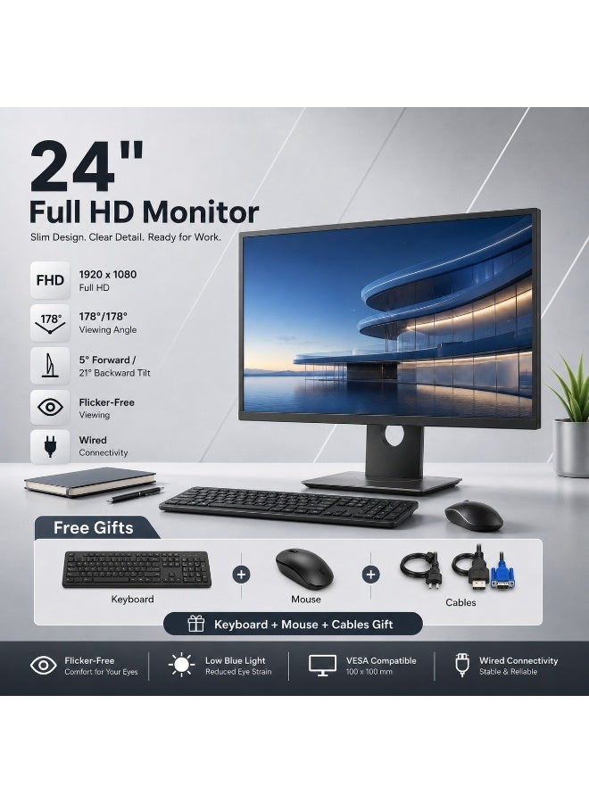 24-Inch Full HD Slim Monitor Bundle with Keyboard, Mouse and HDMI & VGA Cables, 1920 × 1080 Display, 178° Viewing Angle - Image 3