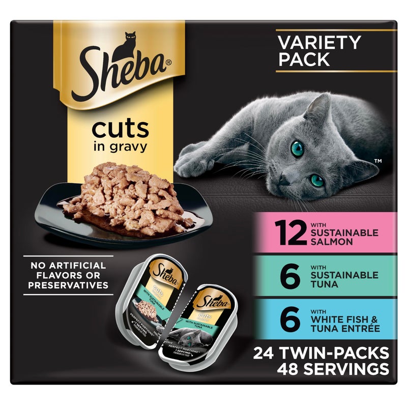Sheba Perfect Portions Wet Cat Food Cuts in Gravy, with Sustainable Salmon, with Sustainable Tuna, and Delicate White Fish & Tuna, 2.6 oz. Twin-Pack Trays (24 Count, 48 Servings) - Image 1