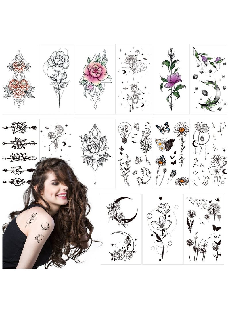 ORAINBOW Small Hand Flower Temporary Tattoos Realistic for Women and Teen Girls 15 Sheets Rose Lotus Daisy Butterfly Moon Stars Gift Tattoo Set for Face Neck Sternum Clavicle Arm Waist Belly Body Art  - Image 1