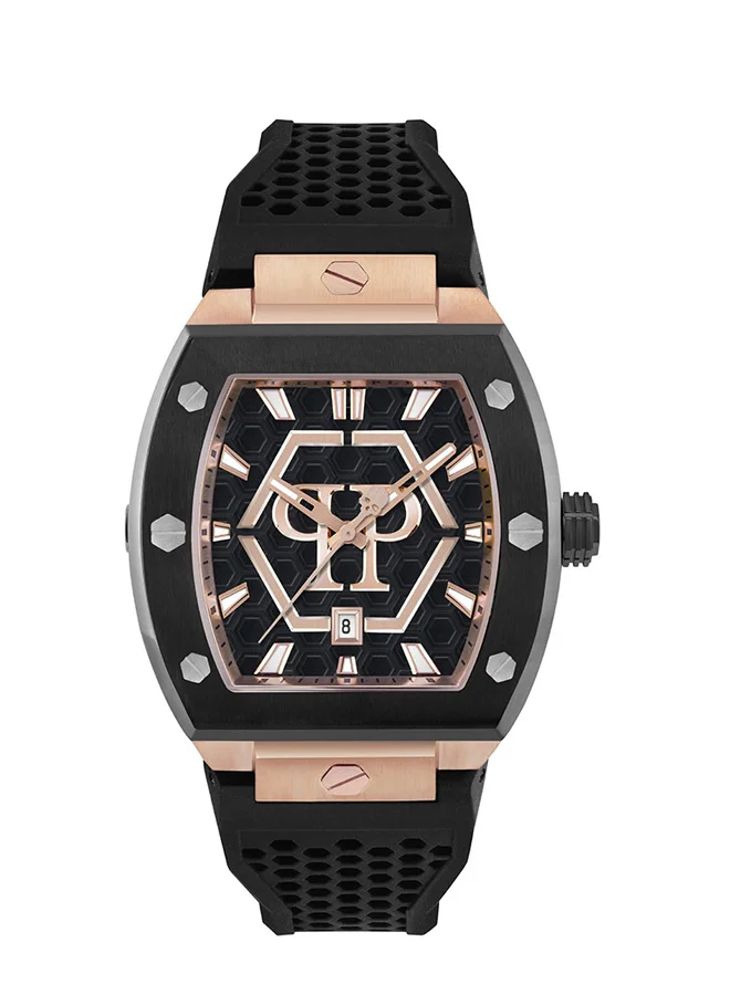PHILIPP PLEIN The Hexagon Phantom Men's 44mm Watch with Black Honeycomb Dial, Rose Gold Accents & Silicone Strap - Swiss Movement