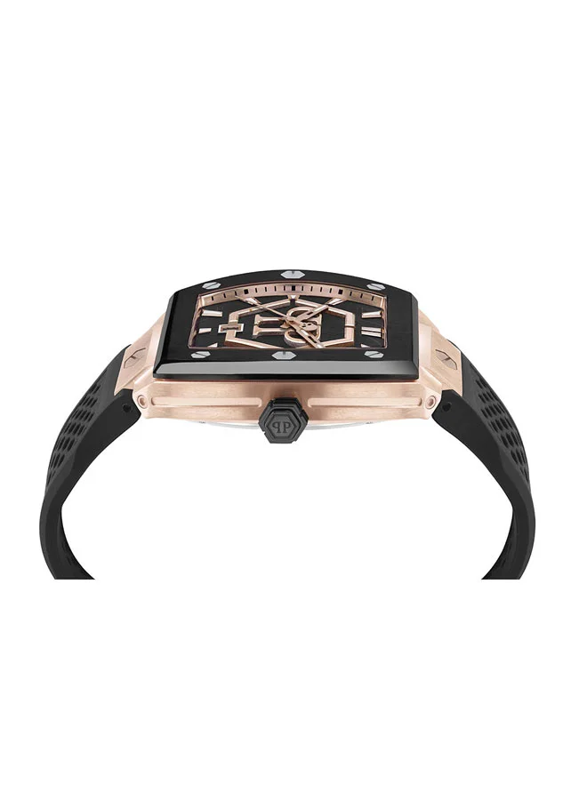 PHILIPP PLEIN The Hexagon Phantom Men's 44mm Watch with Black Honeycomb Dial, Rose Gold Accents & Silicone Strap - Swiss Movement