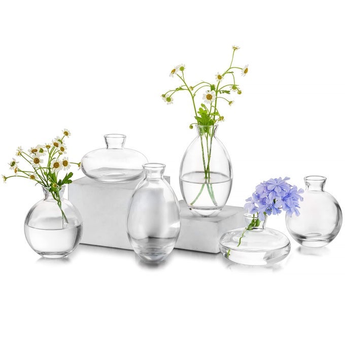 GLASS BUD VASE FOR CENTERPIECES 6PCS2SETS MODERN CLEAR MINI SMALL VASES FOR FLOWERS BULK FLOWER VASE SET AESTHETIC CUTE HANDMADE TINY SHORT WEDDING TABLE CENTERPIECE DECOR