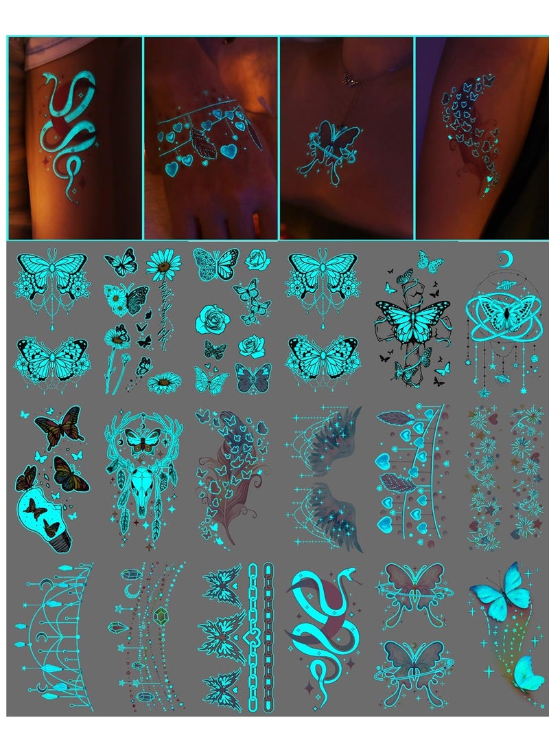 SYOSI 20 Sheets Glow In The Dark Butterfly Temporary Tattoos for Women Girls, Luminous Flower Butterflies Wings Kids Fake Tattoo Stickers Art Makeup Waterproof for Face Body Arm Party Favors  - Image 1