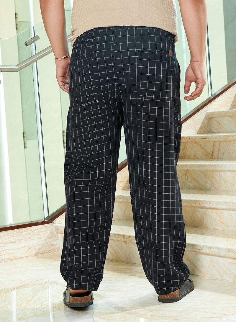 Instafab Plus Instafab Plus Men's Midnight Black Graph-Check Staright Trousers For Casual Wear | Mid-Rise | Straight Fit | Drawstring Closure | Plus Size Trousers Crafted With Comfort Fit For Everyday Wear  - Image 5
