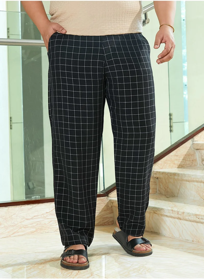 انستافاب بلس Instafab Plus Men's Midnight Black Graph-Check Staright Trousers For Casual Wear | Mid-Rise | Straight Fit | Drawstring Closure | Plus Size Trousers Crafted With Comfort Fit For Everyday Wear