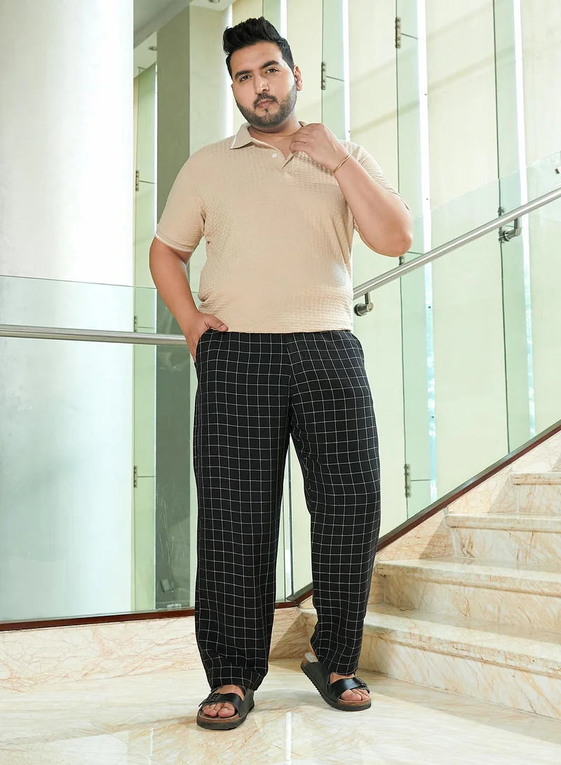 Instafab Plus Instafab Plus Men's Midnight Black Graph-Check Staright Trousers For Casual Wear | Mid-Rise | Straight Fit | Drawstring Closure | Plus Size Trousers Crafted With Comfort Fit For Everyday Wear