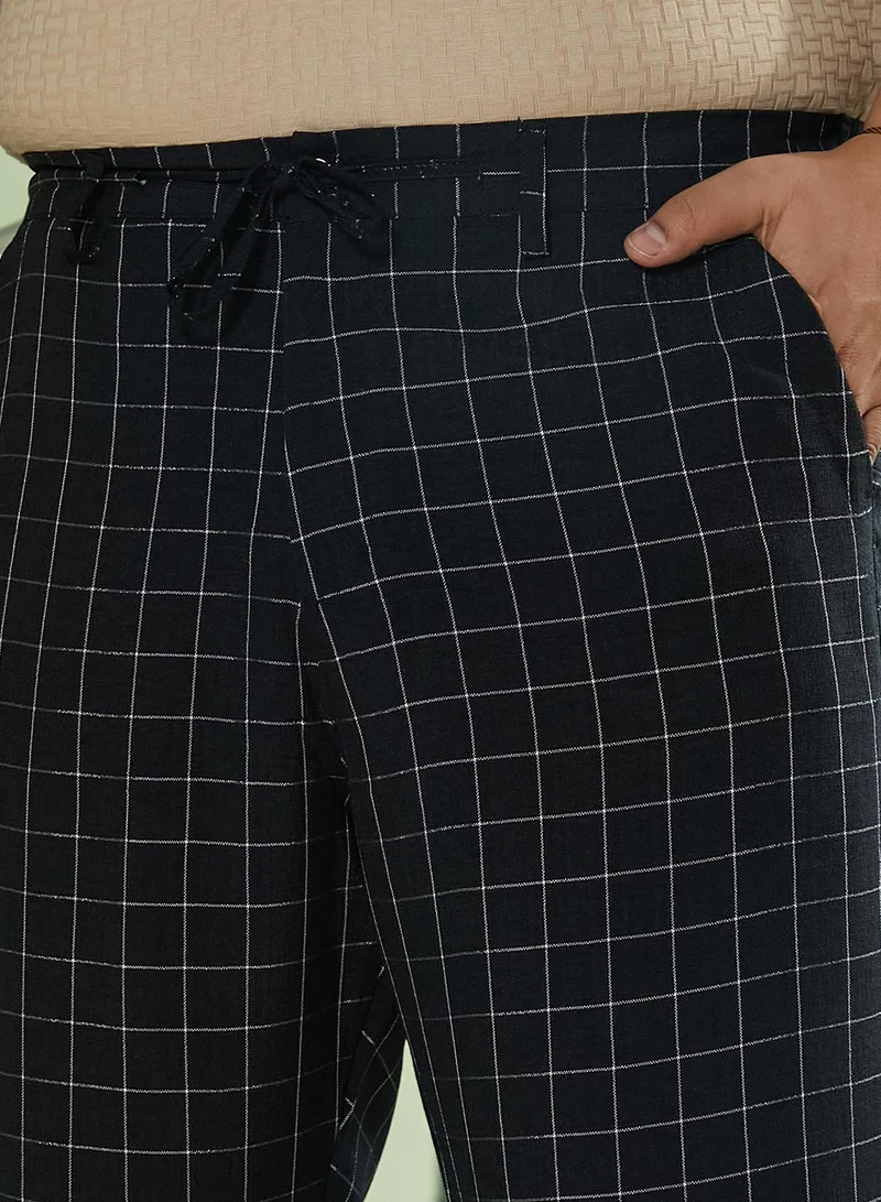 Instafab Plus Instafab Plus Men's Midnight Black Graph-Check Staright Trousers For Casual Wear | Mid-Rise | Straight Fit | Drawstring Closure | Plus Size Trousers Crafted With Comfort Fit For Everyday Wear