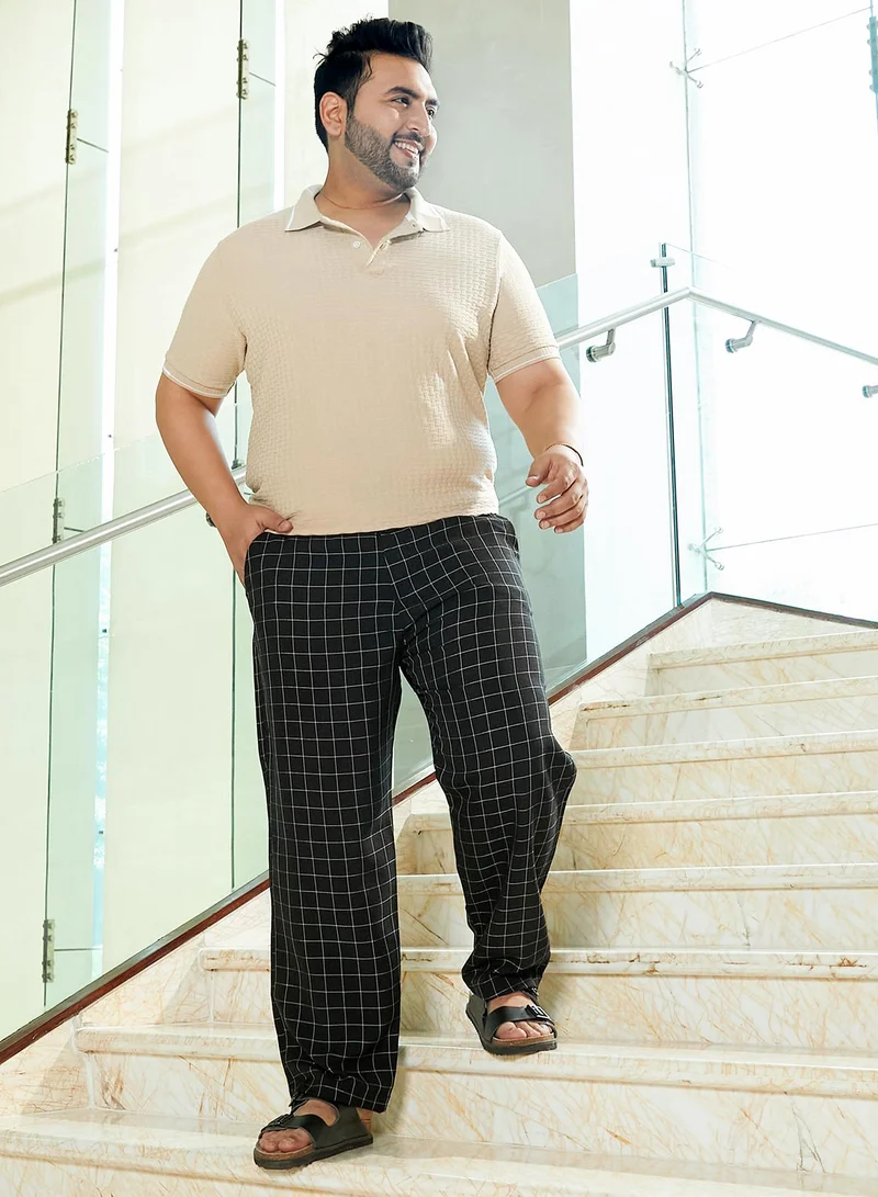 Instafab Plus Instafab Plus Men's Midnight Black Graph-Check Staright Trousers For Casual Wear | Mid-Rise | Straight Fit | Drawstring Closure | Plus Size Trousers Crafted With Comfort Fit For Everyday Wear