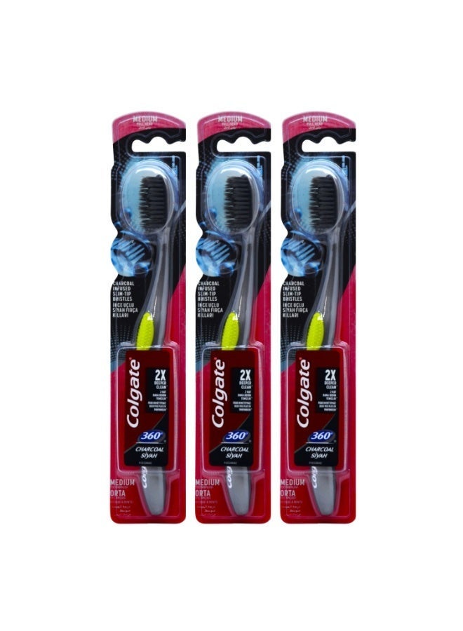 Colgate 360 Charcoal Siyah Toothbrush, Charcoal-Infused Bristles, 360° Whole Mouth Cleaning, Tongue & Cheek Cleaner, Pack of 3