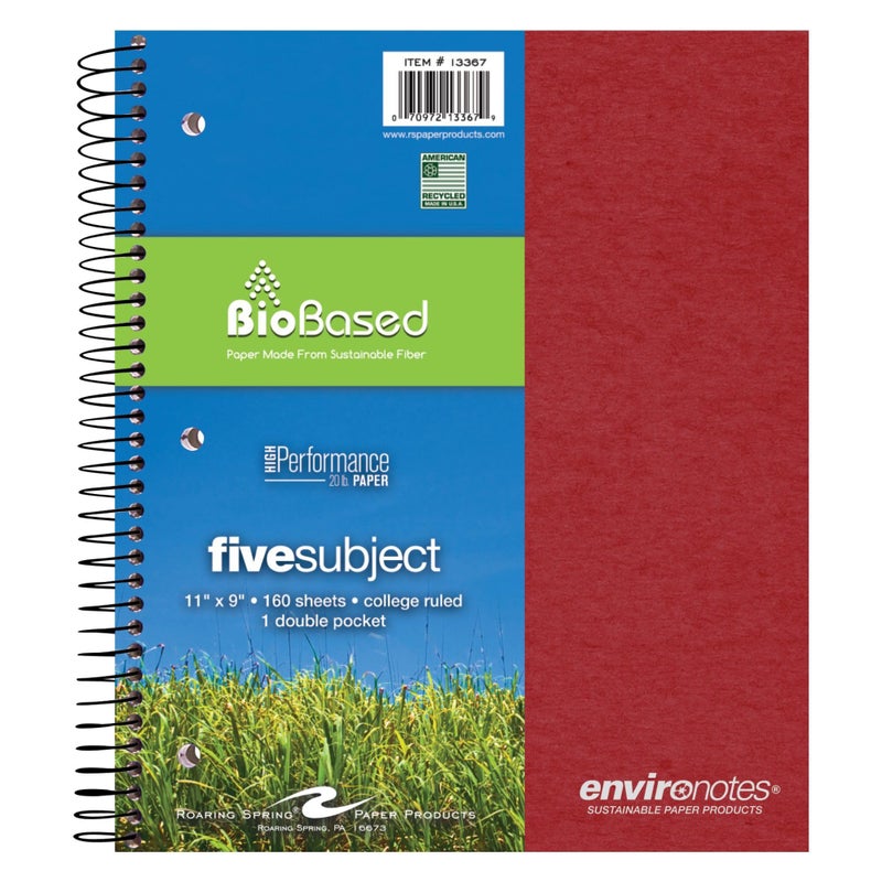 Roaring Spring Environotes Recycled Spiral Notebook, 5 Subject, 11" x 9", 160 Perforated Sheets, 20 lb Bio-Based Paper, College Ruled w/ Margin, Assorted Earthtone Covers, Double Pocket, 4 Dividers, Made in USA - Image 1