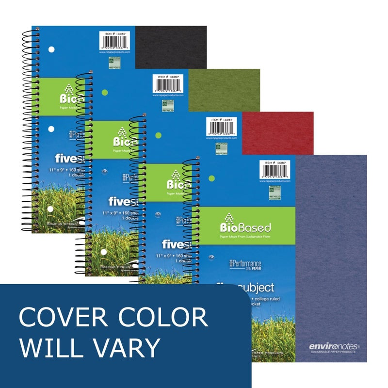 Roaring Spring Environotes Recycled Spiral Notebook, 5 Subject, 11" x 9", 160 Perforated Sheets, 20 lb Bio-Based Paper, College Ruled w/ Margin, Assorted Earthtone Covers, Double Pocket, 4 Dividers, Made in USA - Image 4
