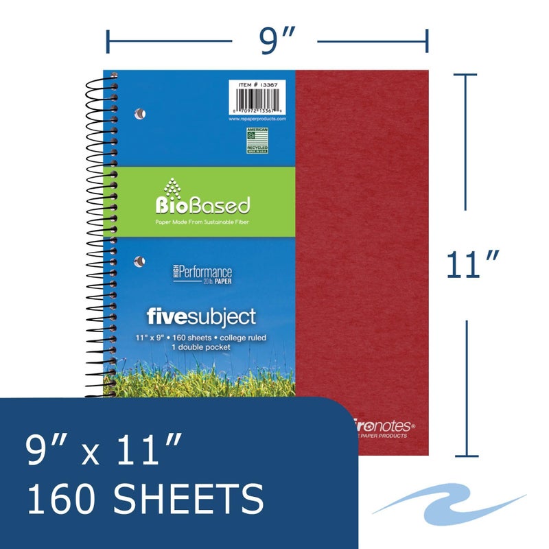 Roaring Spring Environotes Recycled Spiral Notebook, 5 Subject, 11" x 9", 160 Perforated Sheets, 20 lb Bio-Based Paper, College Ruled w/ Margin, Assorted Earthtone Covers, Double Pocket, 4 Dividers, Made in USA - Image 2