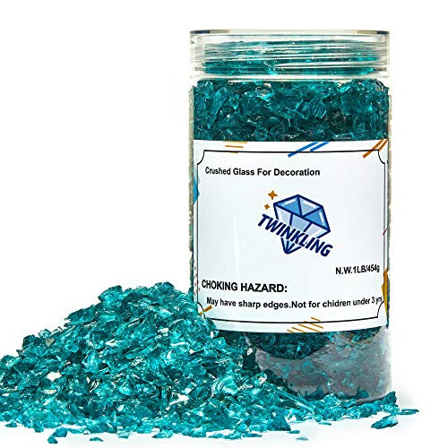 TWINKLING High Luster Fire Glass Gravel Stone Glitter,Broken Glass,Fire Gems Chips,Crushed Glass for Fire Pit Crafts Resin Art Aquarium Garden Decoration,3-6mm,1-Pound Jar (Turquoise) - Image 1