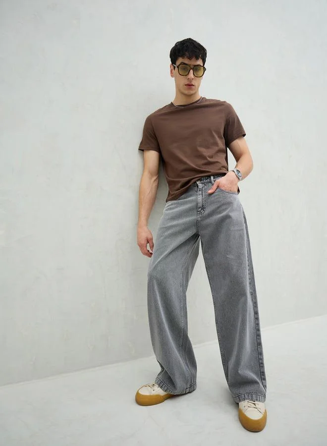 ساسافراس Sassafras Men Grey Mid Rise Plain Wide Leg Jeans