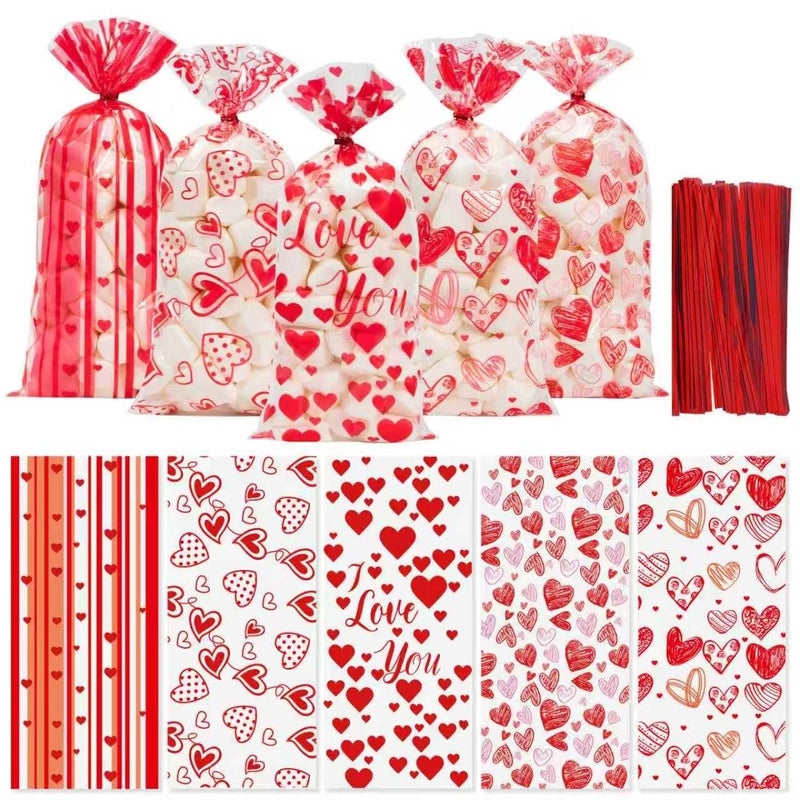 Litmitfu 100 Pcs Valentine Treat Bags - Red Heart Cellophane Goodie Bags, Clear Plastic Happy Valentine's Day Cello Candy Gift Bag With Twist Ties for Wedding Anniversary Party Favors Supplies - Image 1