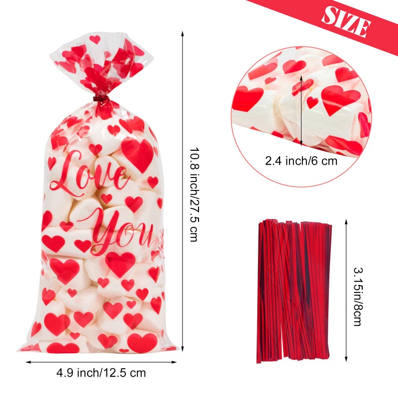 Litmitfu 100 Pcs Valentine Treat Bags - Red Heart Cellophane Goodie Bags, Clear Plastic Happy Valentine's Day Cello Candy Gift Bag With Twist Ties for Wedding Anniversary Party Favors Supplies - Image 3