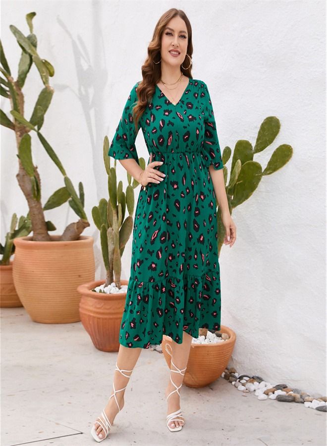 Loquat Ruffle Printed Large Swing Dress Green  - Image 1