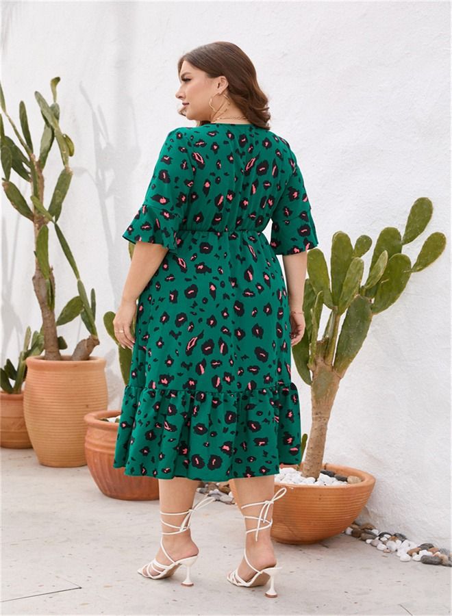 Loquat Ruffle Printed Large Swing Dress Green  - Image 3