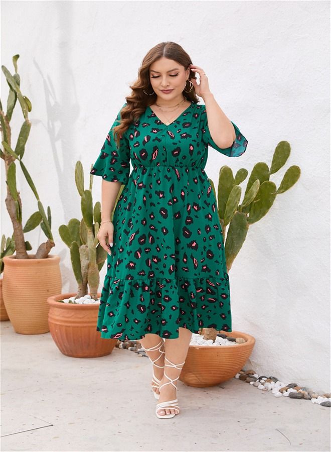 Loquat Ruffle Printed Large Swing Dress Green  - Image 2