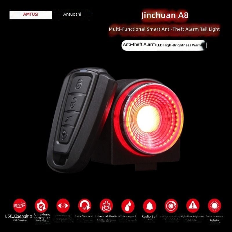 ANTUSI A8 Smart Alarm Tail Light for Bicycle, Wireless Remote Control, Waterproof Anti-Theft Cycling Safety Light