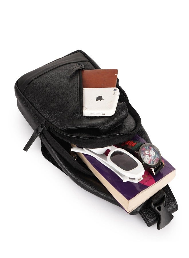 Half Moon Echelon Crossbody Sling Bag for Men Slim Vegan Leather Chest Bag for Men Women for Upto 8-inch iPad Small Shoulder Side Bag Water-resistant Mobile Passport Bag Travel Office (Pitch Black) - Image 5