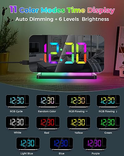 SZELAM Projection Alarm Clock, 7.4 in Digital Mirror Clocks,with 180° Rotatable Projector, RGB Night Light,USB C Charger Port, Auto Dimmer, LED Desk Clock for Bedroom - Black - Image 5