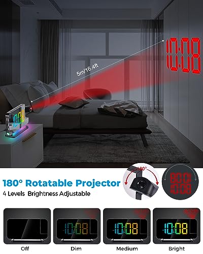 SZELAM Projection Alarm Clock, 7.4 in Digital Mirror Clocks,with 180° Rotatable Projector, RGB Night Light,USB C Charger Port, Auto Dimmer, LED Desk Clock for Bedroom - Black - Image 3