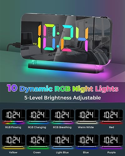 SZELAM Projection Alarm Clock, 7.4 in Digital Mirror Clocks,with 180° Rotatable Projector, RGB Night Light,USB C Charger Port, Auto Dimmer, LED Desk Clock for Bedroom - Black - Image 4
