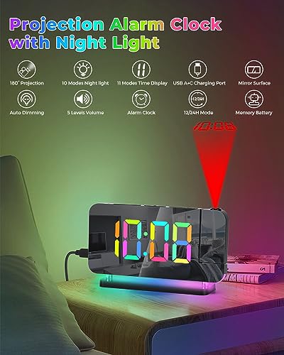 SZELAM Projection Alarm Clock, 7.4 in Digital Mirror Clocks,with 180° Rotatable Projector, RGB Night Light,USB C Charger Port, Auto Dimmer, LED Desk Clock for Bedroom - Black - Image 2