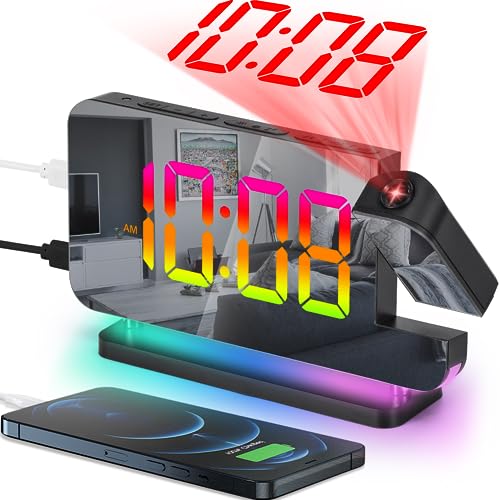 SZELAM Projection Alarm Clock, 7.4 in Digital Mirror Clocks,with 180° Rotatable Projector, RGB Night Light,USB C Charger Port, Auto Dimmer, LED Desk Clock for Bedroom - Black - Image 1