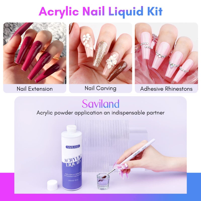 SAVILAND Monomer Acrylic Nail Liquid â€“ 8.11fl.oz Acrylic Liquid with 3PCS Brushes Sizeï¼ˆ8/10/14) Non-Yellowing Monomer for DIY Home Nail Salon Use - Image 2
