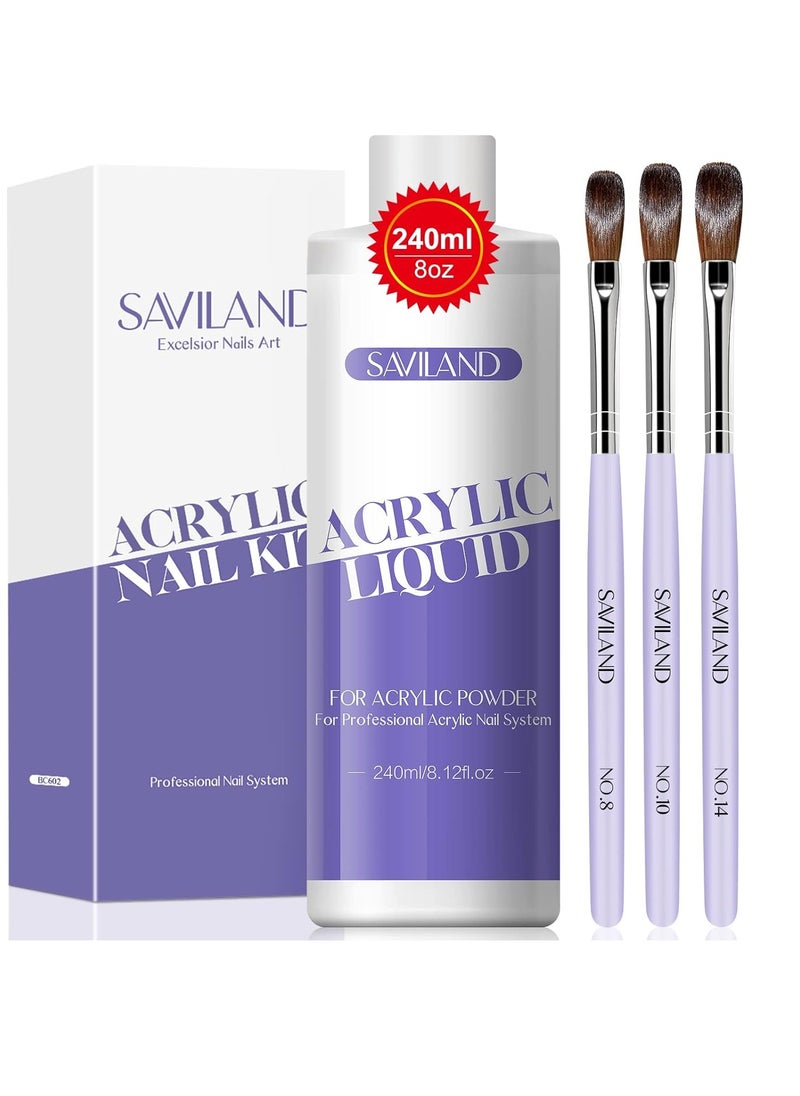Saviland Saviland Monomer Acrylic Nail Liquid – 8.11fl.oz Acrylic Liquid with 3PCS Acrylic Brushes Size（8/10/14）for Acrylic Powders, Non-Yellowing Acrylic Nail Liquid for DIY Home Nail Salon Use  - Image 1