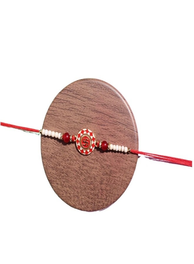 BANDHAN Swastik Red & White Beaded Rakhi for Brother - Raksha Gift - Image 1