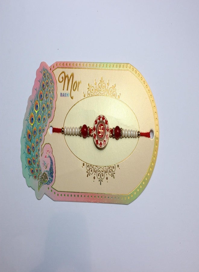 BANDHAN Swastik Red & White Beaded Rakhi for Brother - Raksha Gift - Image 3
