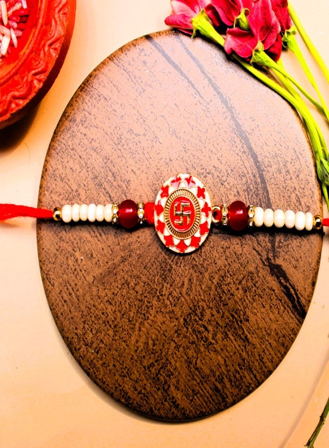 BANDHAN Swastik Red & White Beaded Rakhi for Brother - Raksha Gift - Image 2