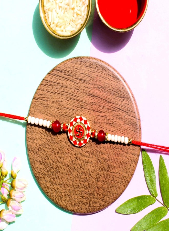 BANDHAN Swastik Red & White Beaded Rakhi for Brother - Raksha Gift - Image 4