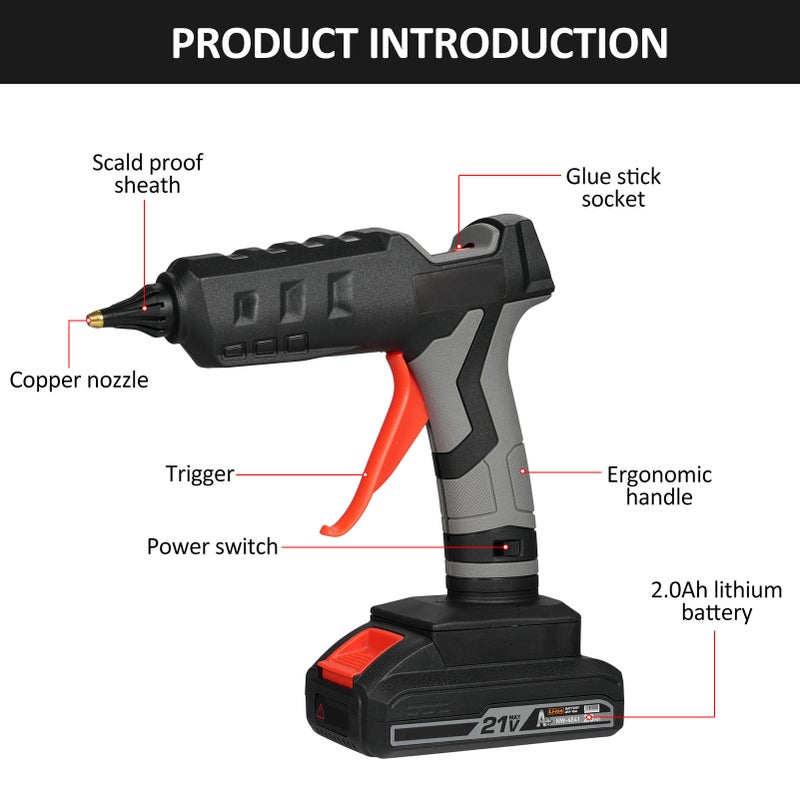 Cordless Hot Melt Glue Machine: Black & Grey, 21V 2.0Ah Rechargeable Battery, Fast 2-3 Min Heating - Ergonomic Lightweight Grip, Anti-Scald Safety Design for DIY Crafts, Home Repair, Holiday Decoratio - Image 3