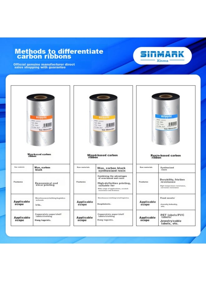 Sinmark Wax-based Carbon Ribbon, Barcode Printer Ribbon, Printer Barcode Ribbon, Thermal Transfer Label Ribbon For Label Makers, L110mm*300m - Image 2