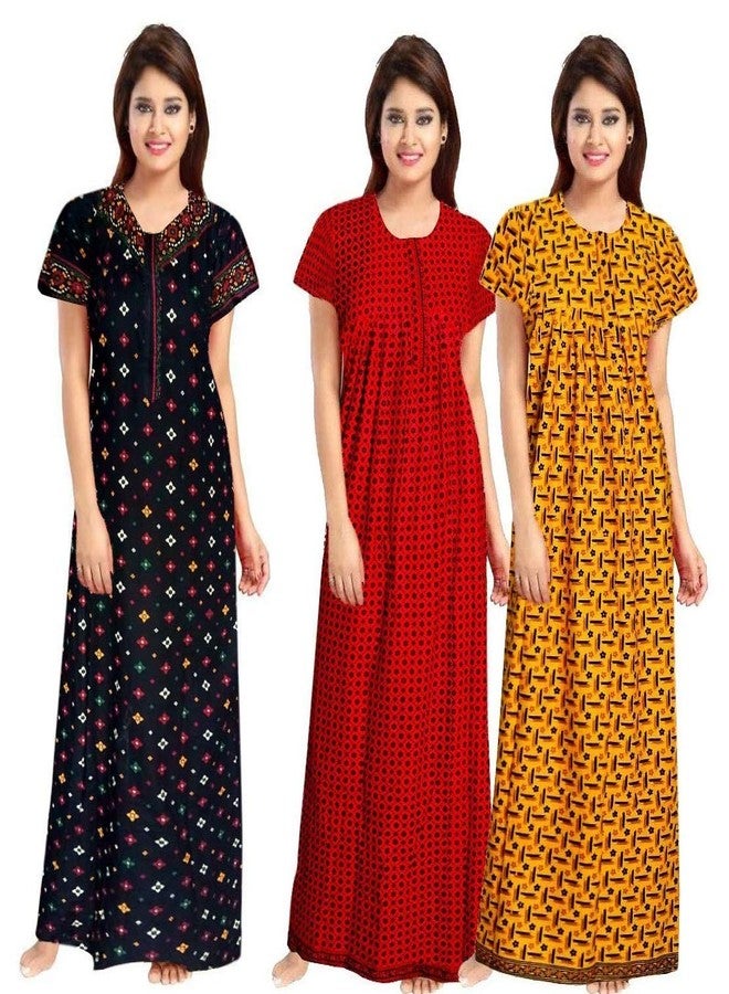 NEGLIGEE Women's Cotton Printed Maxi Nightgown Nighty for Women Ankle Length Night Dress - Pack of 3 (Free Size, Black, Red & Yellow) - Image 5