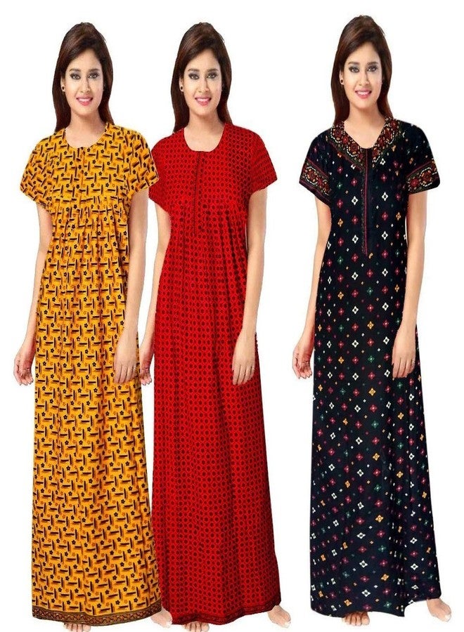 NEGLIGEE Women's Cotton Printed Maxi Nightgown Nighty for Women Ankle Length Night Dress - Pack of 3 (Free Size, Black, Red & Yellow) - Image 4