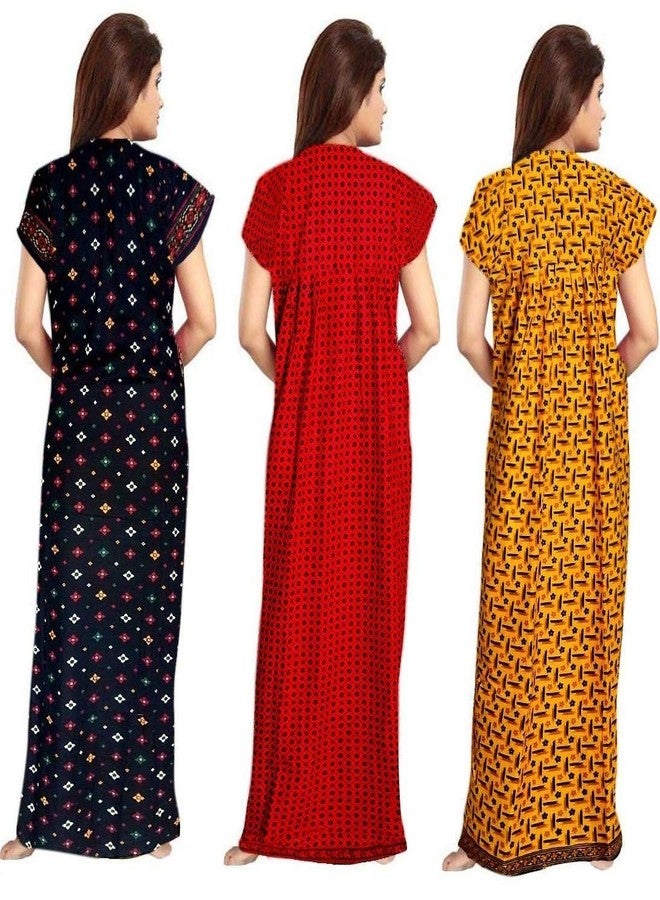 NEGLIGEE Women's Cotton Printed Maxi Nightgown Nighty for Women Ankle Length Night Dress - Pack of 3 (Free Size, Black, Red & Yellow) - Image 3