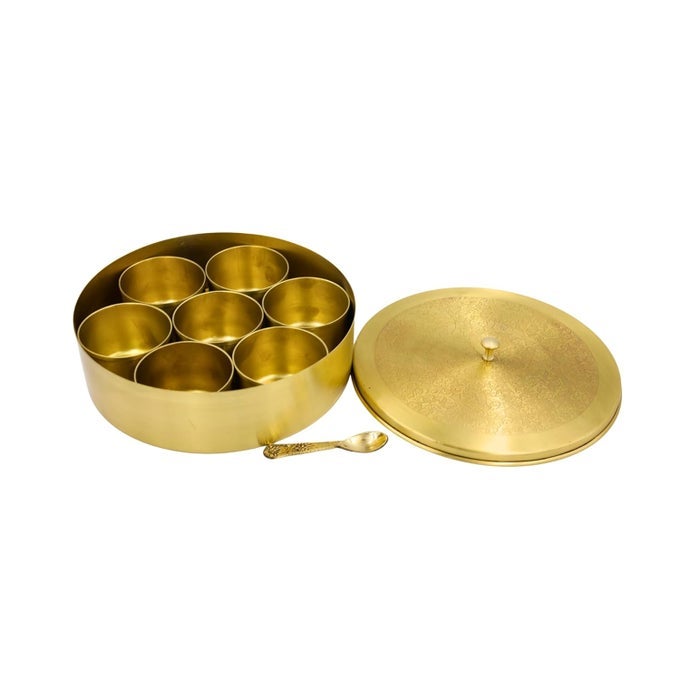 HANDCRAFTED BRASS SPICE BOX SET WITH SPOON 100 PURE BRASS MASALA DABBA FOR KITCHEN ELEGANT MASALA PETTI SPICE CONTAINER STYLE04
